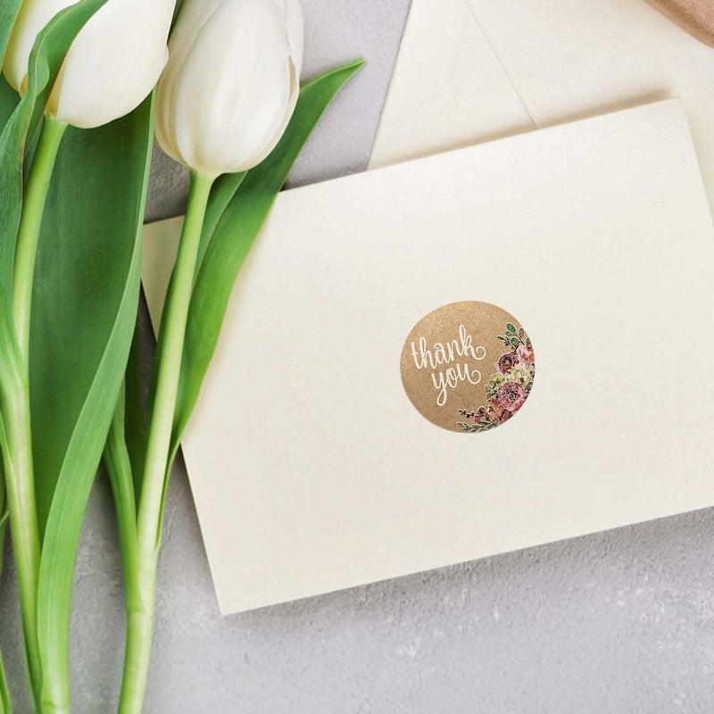 SBlabels Brown Kraft Floral Thank You Stickers / 1000 Thanks Flowers Labels Roll / 1.5" Round Envelope Seals/Made in The USA - Image 4